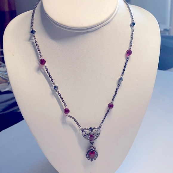 Jewelry - Vintage Retro Silver Tone  Necklace with Heart Shaped Red Drop Pendant Swarovski